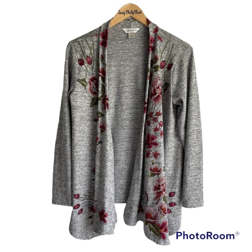 Christopher & Banks Light Gray Floral Ladies Open Casual Career Cardigan, M